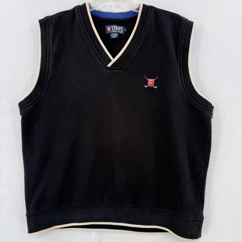 Chaps Ralph Lauren Sweater Vest Mens Large Black Fleece Lined Golf V-Neck